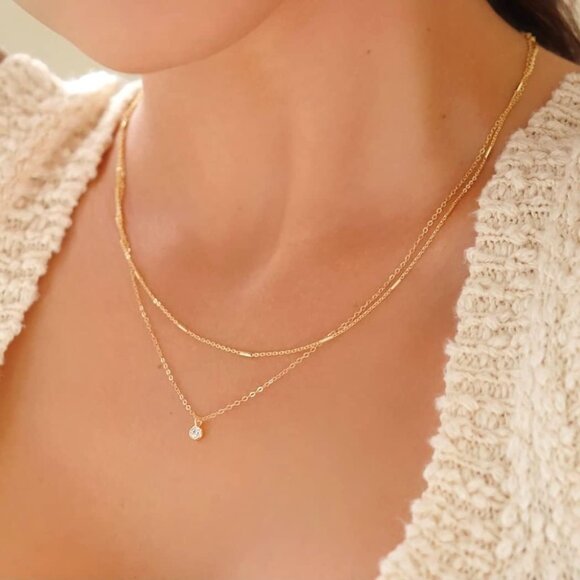 Layered Gold Necklace for Women Dainty Choker Chain with Cubic Zirconia Pendant - Picture 2 of 6